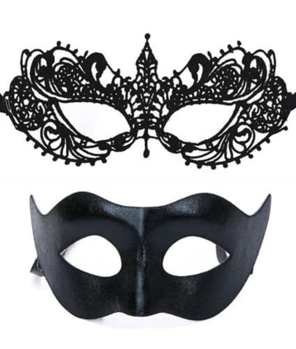 1112 Black Couple Masquerade Lace Mask Set, Fit and Venetian Halloween